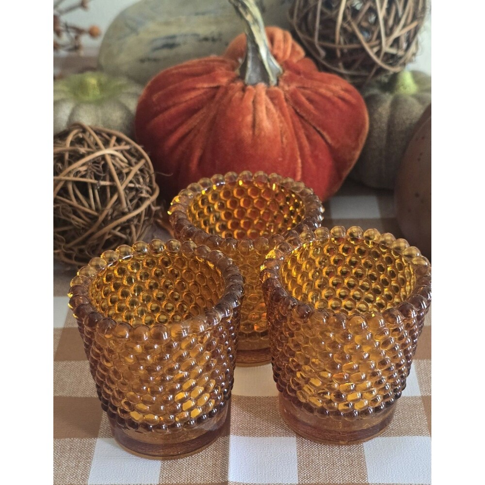 3~VTG Amber Hobnail Glass Votive Candle Holders 1970s  Autumn Thanksgiving